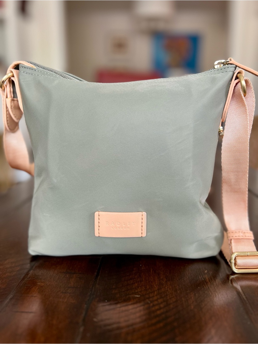 Radley London Sage Green Nylon Crossbody Bag Blush Trim Lightweight Travel Purse